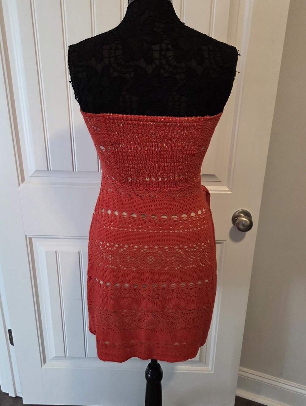 Free People Oceanside Strapless Ruched Dress Sz Med Crochet Lace Red Orange - Picture 4 of 12